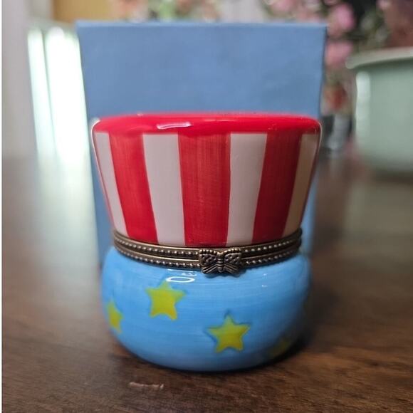Vintage Uncle Sam USA Flag Top Hat Porcelain Hinged Trinket Box W/Star Trinket. - Picture 1 of 16